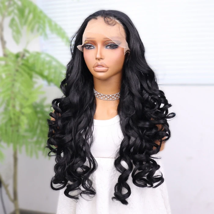 Siyah Bebek Saçlı Fiber Sentetik Yoğun Dalgalı Tül Peruk