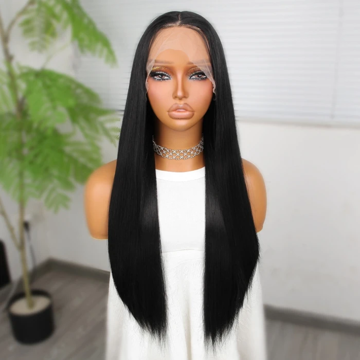 Siyah Fiber Sentetik Düz Tül Peruk