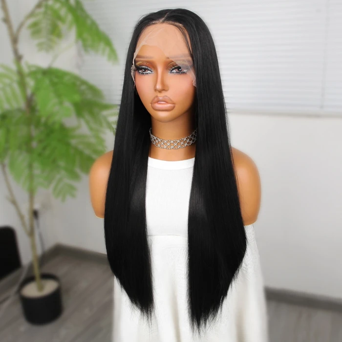 Siyah Fiber Sentetik Düz Tül Peruk