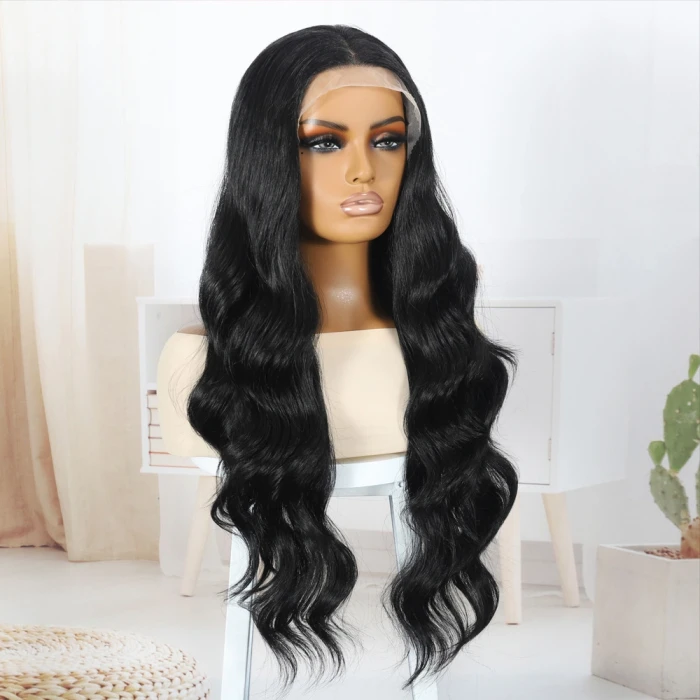 Siyah Fiber Sentetik Su Dalgalı Tül Peruk