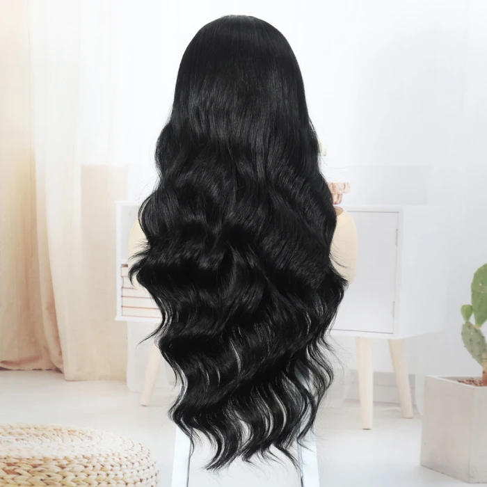 Siyah Fiber Sentetik Su Dalgalı Tül Peruk