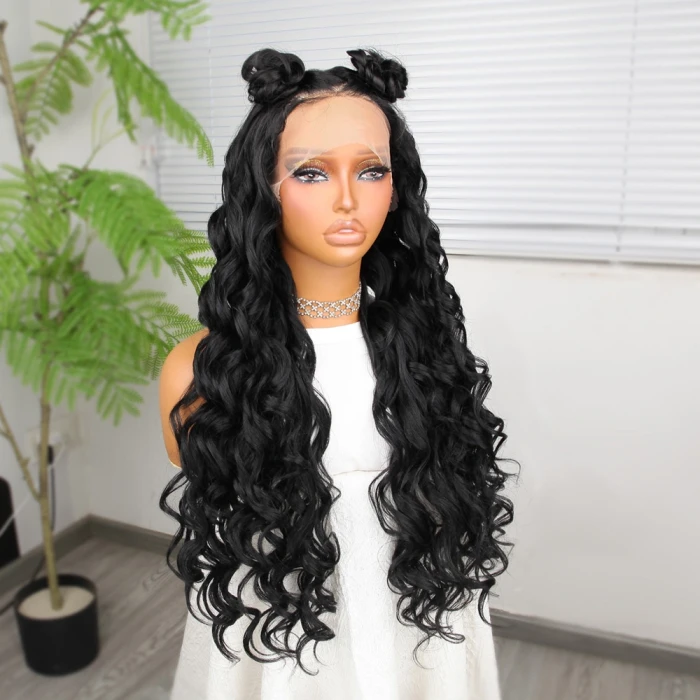 Siyah Fiber Sentetik Yoğun Dalgalı Tül Peruk