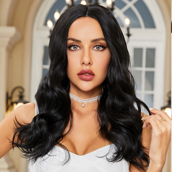 Siyah Geniş Dalgalı Fiber Sentetik Tül Peruk