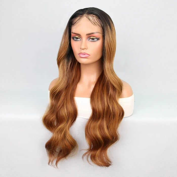 Siyah Karamel Balköpüğü Ombre Fiber Sentetik Geniş Dalgalı Tül Peruk