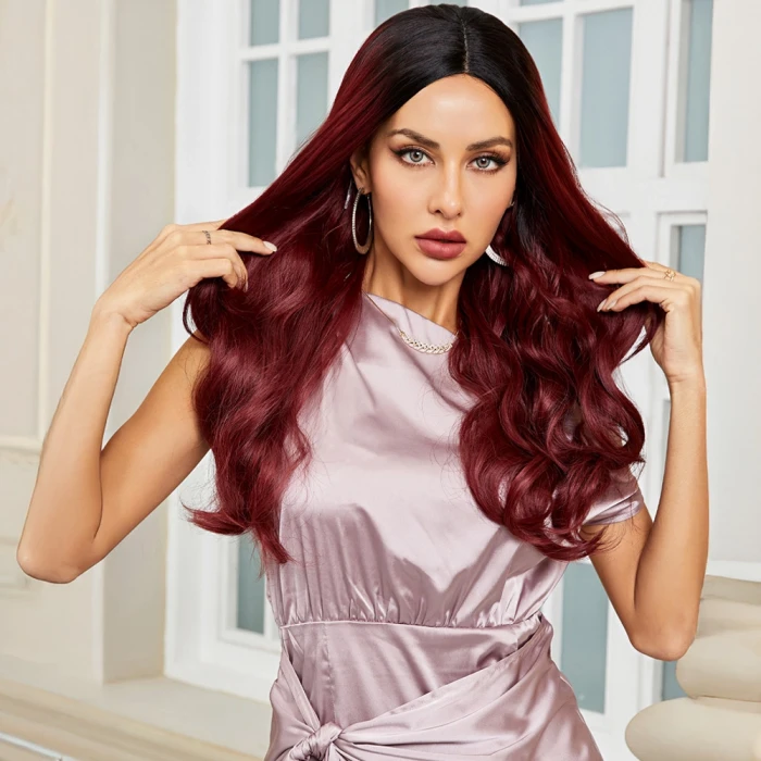 Siyah / Kızıl Ombreli Hafif Dalgalı Tül Peruk