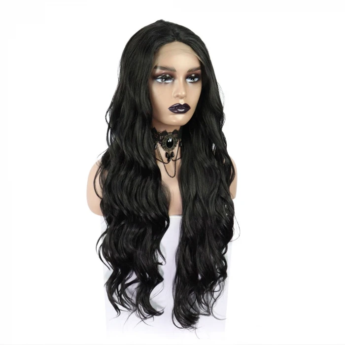 Siyah Uzun Dalgalı  Fiber Sentetik Tül Peruk