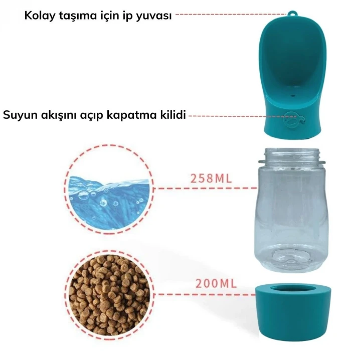 Taşınabilir Mama Hazneli Evcil Hayvan Suluğu Seyahat Kabı Kilitlenebilen Su Sızdırmaz 380ML (K95)