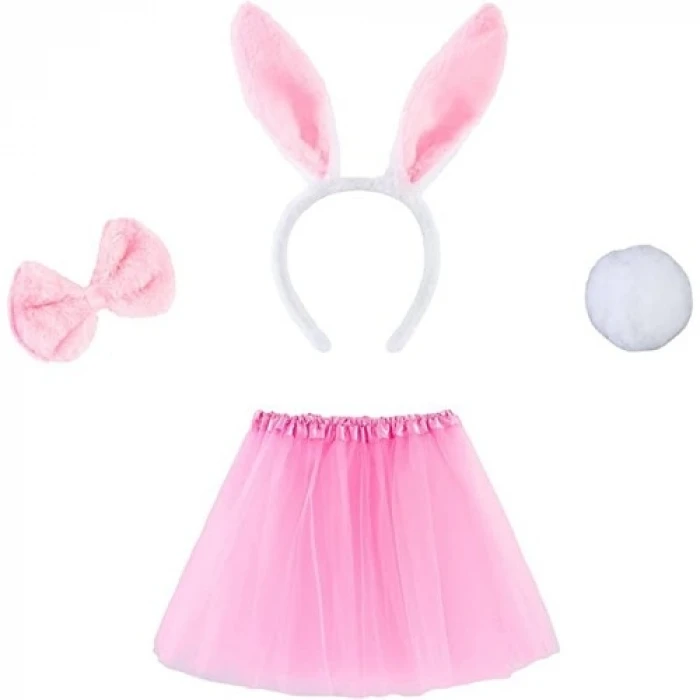 Tavşan Tacı Eteği Papyonu ve Kuyruk Kostüm Seti Pembe Renk Çocuk Boy