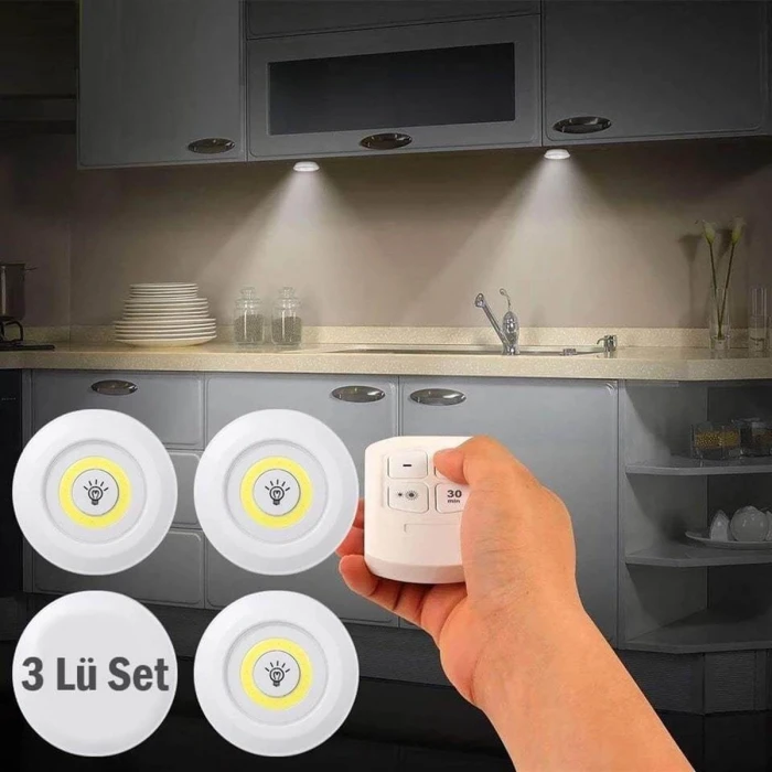 Uzaktan Kumandalı Yapışkanlı Kablosuz Pilli Led 3’lü