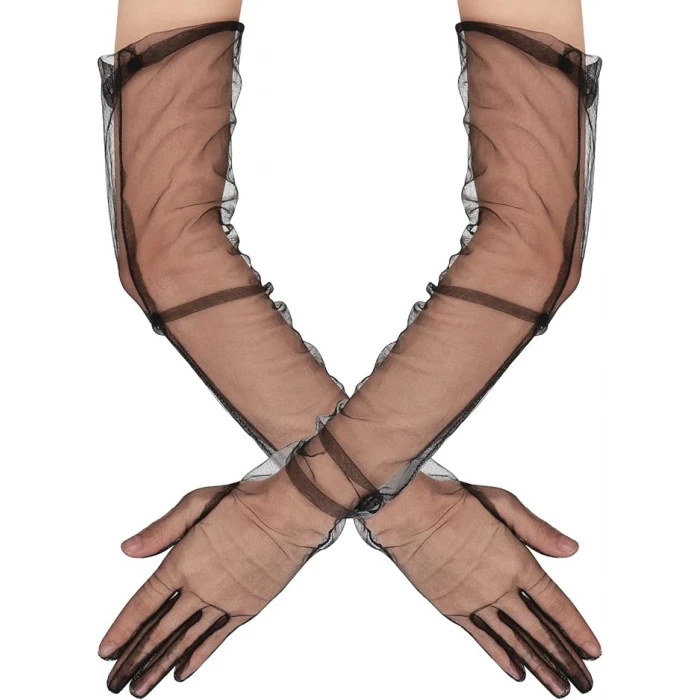 Uzun Boy Likralı Siyah Renk Yetişkin Mega Tül Eldiven 53 cm