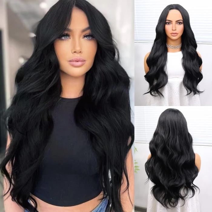 Uzun Siyah Su Dalgalı Fiber Sentetik Tül Peruk