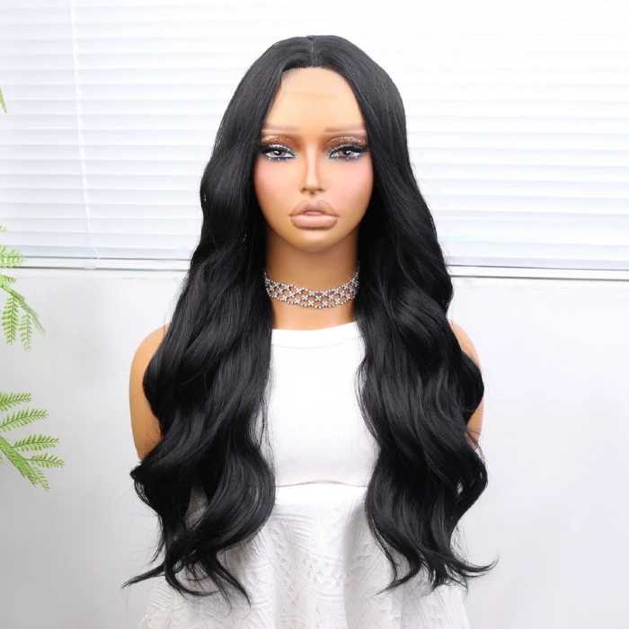 Uzun Siyah Su Dalgalı Fiber Sentetik Tül Peruk