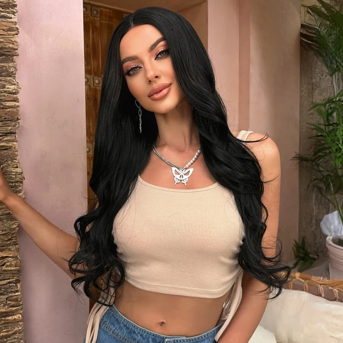 Uzun Siyah Su Dalgalı Tül Peruk