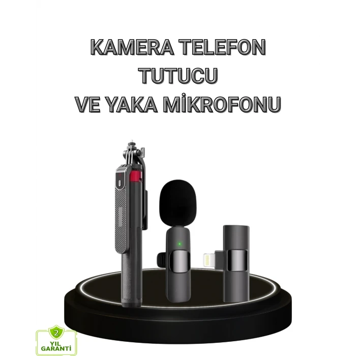 Vlog ve Canlı Yayın İçin Çift Yaka Mikrofonu ve Tripodlu Selfie Çubuğu Seti