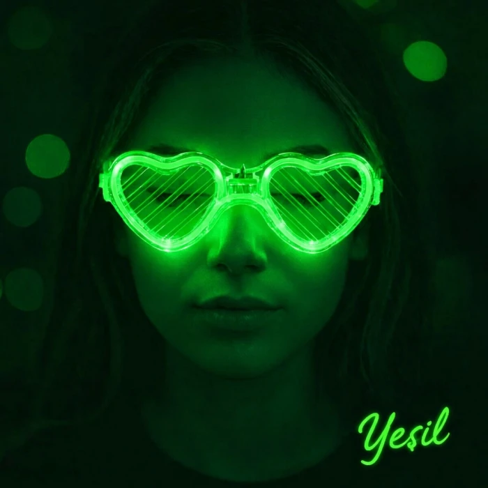 Yeşil LED Işıklı Kalp Gözlük – 3 Modlu Parti - Glow Gözlüğü (4887)