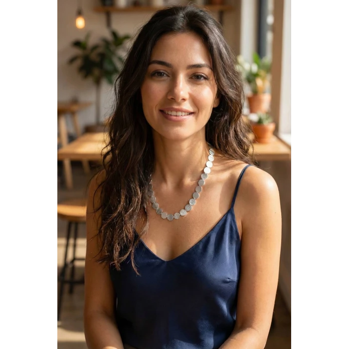 ietaks™ Yuvarlak Plaka Model Gümüş Renk Kadın Kolye