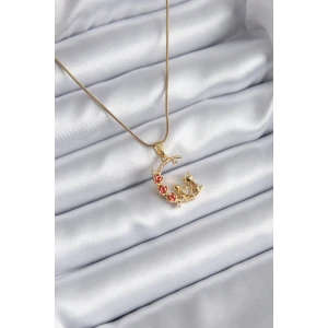 316L Çelik Gold Renk Hilal Kedi Model Zirkon Taşlı Detay Kadın Kolye