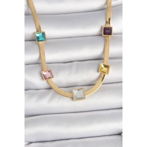 316L Çelik Gold Renk İtalyan Zincir Model Kare Renkli Zirkon Taşlı Kadın Kolye - TJ-BKO10118