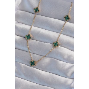 316L Çelik Gold Renk Minimal Yeşil Mineli Yonca Kolye