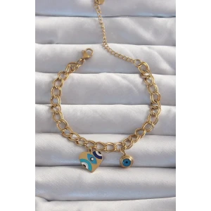 316L Çelik Gold Renk Nazarlı Kalp Model Zincir Bileklik - TJ-BB6227