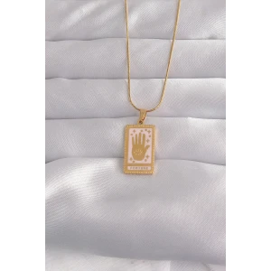 316L Çelik Gold Renk Pembe Mineli El Figür Tarot Kolye