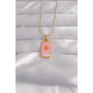 ietaks™ 316L Çelik Gold Renk Pembe Mineli Güneş Model Tarot Kolye
