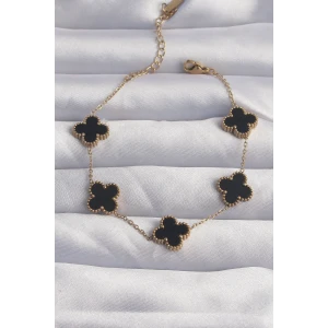 ietaks™ 316L Çelik Gold Renk Siyah Mineli Yonca Bileklik