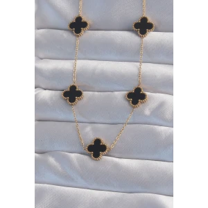 316L Çelik Gold Renk Siyah Mineli Yonca Kolye