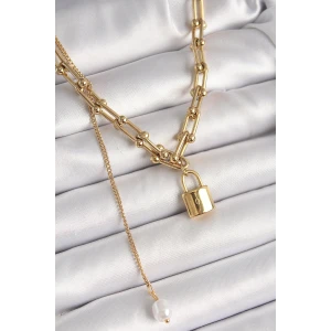 316L Çelik Gold Renk Tiffany Zincir Model Kilit Figür Sallantı İnci Detay Kadın Kolye - TJ-BKO9938