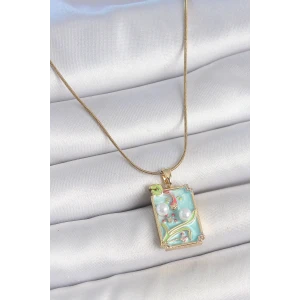 316L Çelik Gold Renk Zincir Mavi Mineli İncili Çiçek İşlemeli Portre Model Kadın Kolye