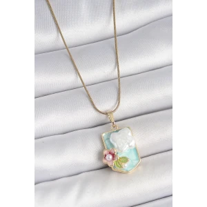 316L Çelik Gold Renk Zincir Mavi Mineli İncili Çiçek İşlemeli Portre Model Kadın Kolye - TJ-BKO10187