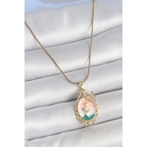 316L Çelik Gold Renk Zincir Mix Renk Çiçek İşlemeli Zirkon Taş Detaylı Portre Model Kadın Kolye - TJ-BKO10182