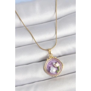 316L Çelik Gold Renk Zincir Mor Mineli İncili Çiçek İşlemeli Portre Model Kadın Kolye - TJ-BKO10149