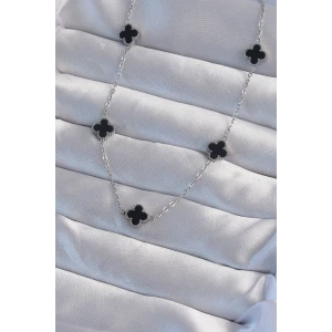 ietaks™ 316L Çelik Gümüş Renk Minimal Siyah Mineli Yonca Kolye