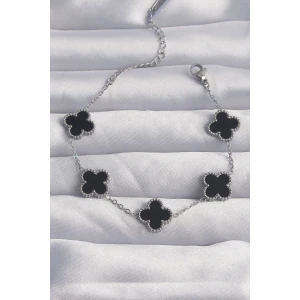 ietaks™ 316L Çelik Gümüş Renk Siyah Mineli Yonca Bileklik