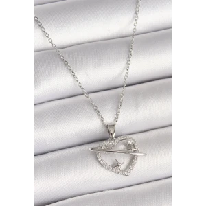 316L Çelik Gümüş Renk Zincir Zirkon Taşlı Kalp Model Yıldız Detay Kadın Kolye - TJ-BKO9860