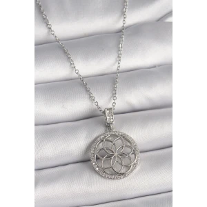 316L Çelik Gümüş Renk Zincir Zirkon Taşlı Lotus Model Kadın Kolye - TJ-BKO9731