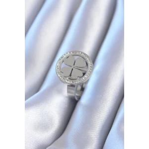 316L Çelik Gümüş Renk Zirkon Taşlı Yonca Model Kadın Yüzük - TJ-BYK2765