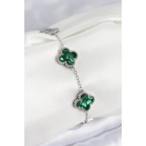 316L Çelik Sedefli Zümrüt Yeşil Gümüş Renk Yonca Kadın Bileklik