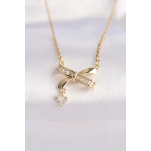 316L Çelik Zincir Altın Renk Zirkon Taşlı Kalp Detay Fiyonk Kolye - TJ-BKO8622