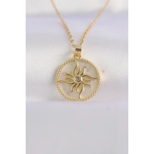 316L Çelik Zincir Altın Renk Zirkon Taşlı Oval Tasarım Güneş Kolye - TJ-BKO8653