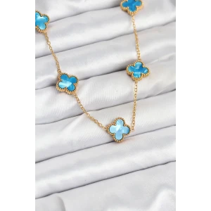 316L Çelik Zincir Gold Buz Mavisi Renk Yonca Kolye - TJ-BKO10566