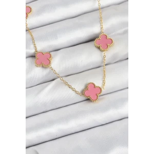 316L Çelik Zincir Gold Pembe Renk Yonca Kadın Kolye