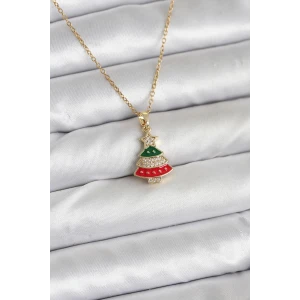 316L Çelik Zincir Gold Ren Çam Ağacı Model Zirkon Taşlı Yılbaşı Temalı Kadın Kolye
