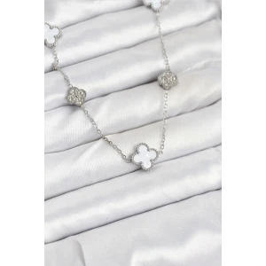 316L Çelik Zincir Gümüş Renk Beyaz ve Zirkon Taşlı Yonca Kadın Kolye - TJ-BKO10588
