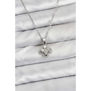 316L Çelik Zincir Gümüş Renk Zirkon Taşlı Yonca Model Kadın Kolye - TJ-BKO10768