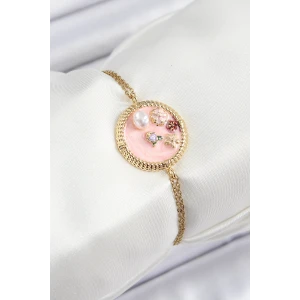 316L Çelik Zincir Pembe Mineli Sanatsal Portre İnci Detaylı Çiçek Model Gold Renk Kadın Bileklik