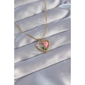 316L Çelik Zincirli Gold Renk Zirkon Taşlı Kalp İçinde Pembe Gül Tasarımlı Kolye - TJ-BKO8864