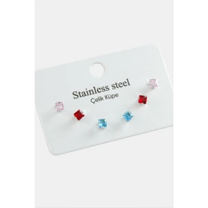 6 Adet Kare Zirkon Tek Taşlı Çelik Küpe