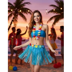 ieg™ Yetişkin ve Çocuk Uyumlu Mavi Renk Püsküllü Hawaii Luau Hula Etek 40 cm